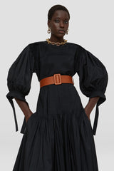 Long dress with pintucks on shoulders and skirt